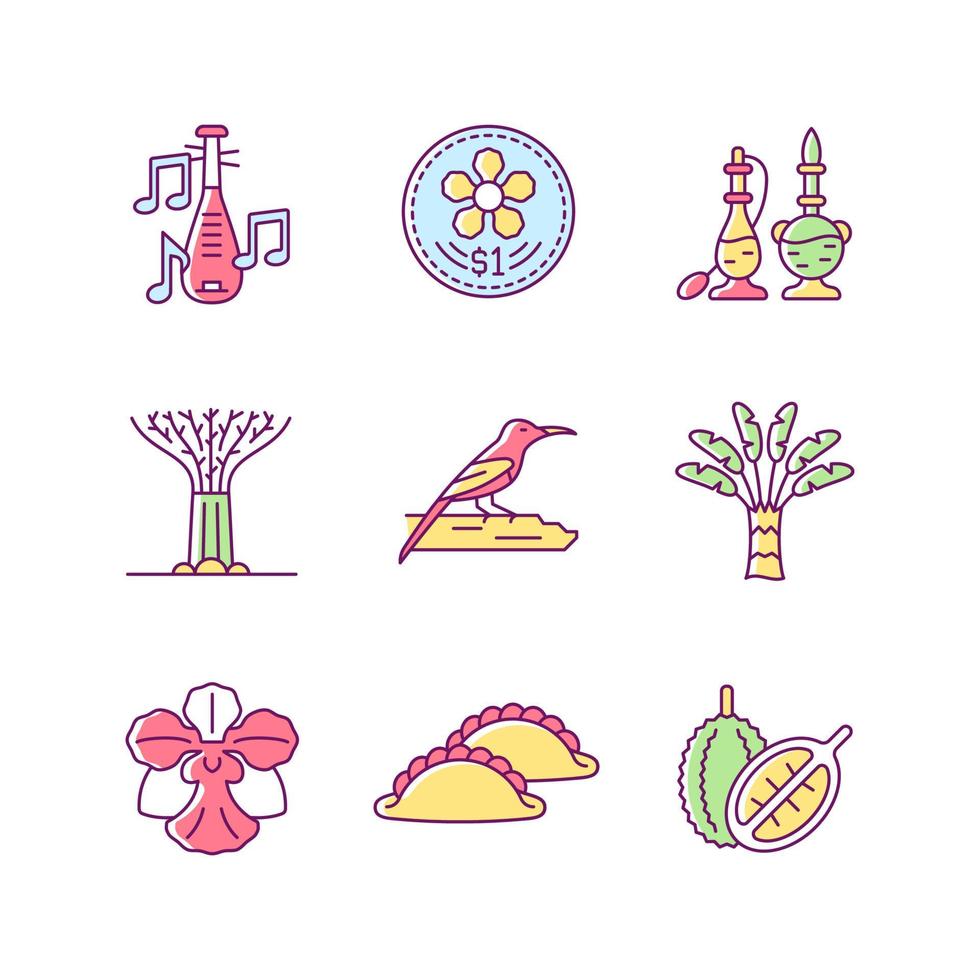 Conjunto de iconos de color rgb de identidad de Singapur. árboles y flores nativas. cocina singapurense. música folk. producto de fragancia. diseño de monedas. ilustraciones vectoriales aisladas. colección de dibujos de líneas rellenas simples vector