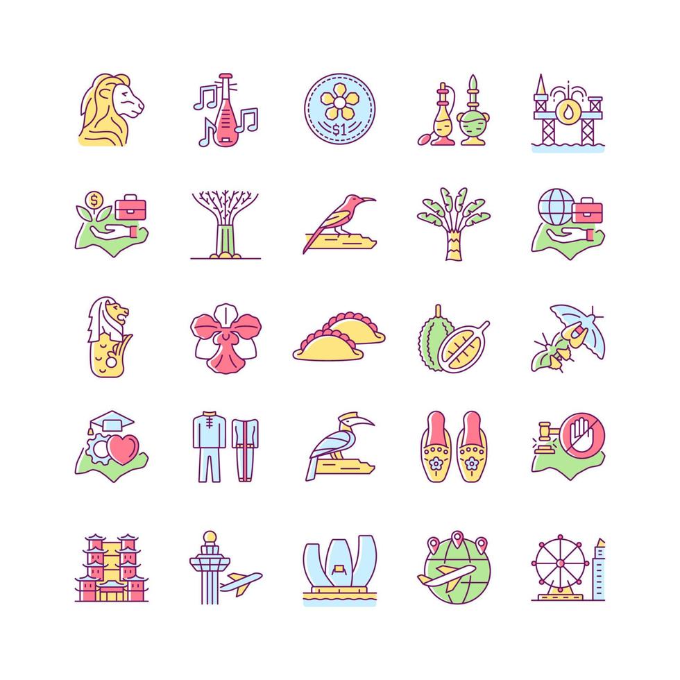 Singapore national symbols RGB color icons set. Tourist attractions. Living in Singapore. Flora and fauna. Popular street food. Isolated vector illustrations. Simple filled line drawings collection