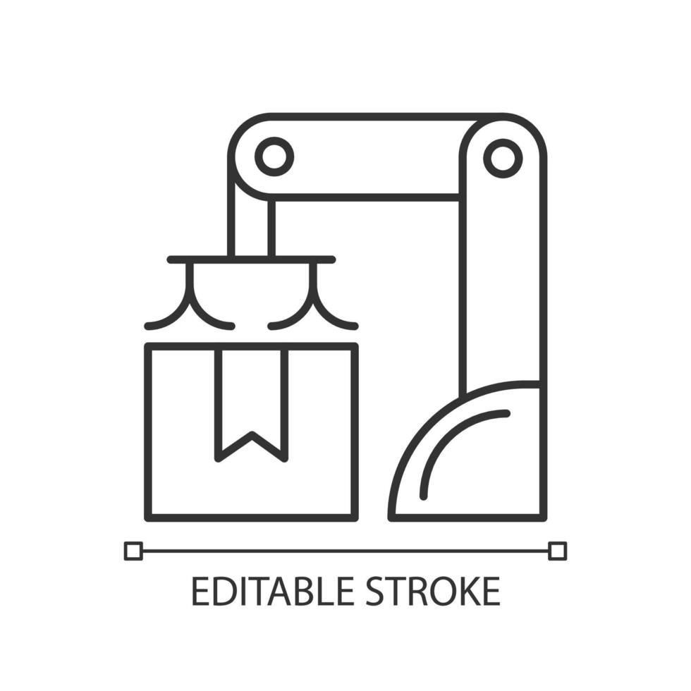 Packing robot linear icon. Robotic packaging. Material handling. Automated solution. Thin line customizable illustration. Contour symbol. Vector isolated outline drawing. Editable stroke