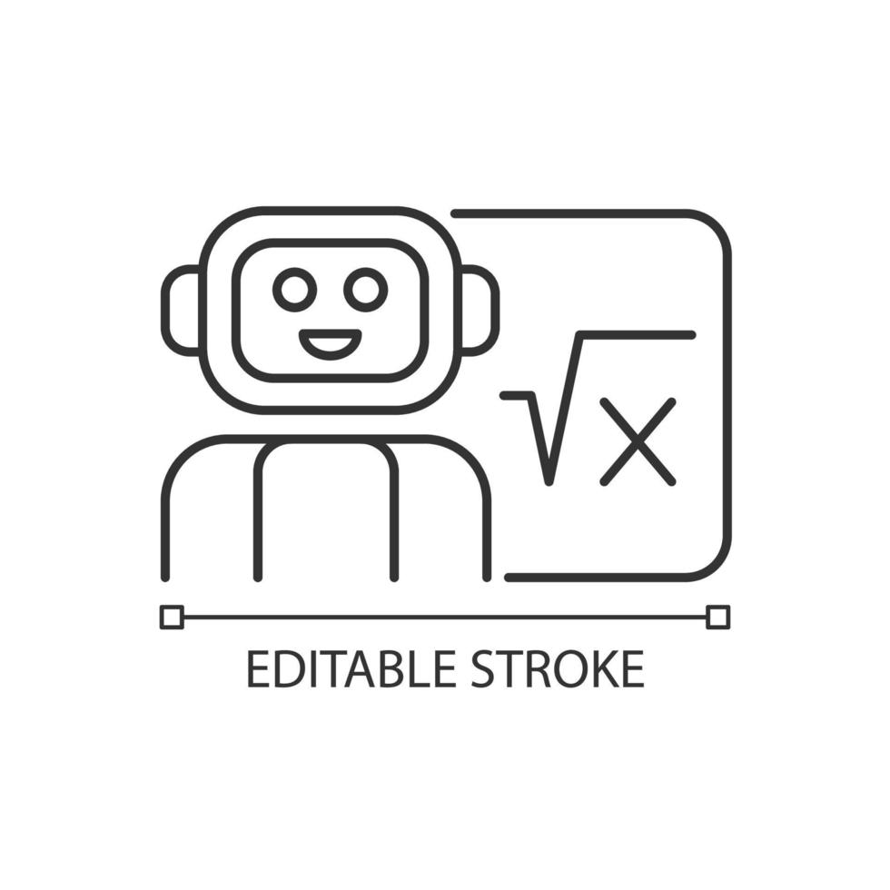 Robotics in education linear icon. Robot teacher. Implement artificial intelligence in classroom. Thin line customizable illustration. Contour symbol. Vector isolated outline drawing. Editable stroke