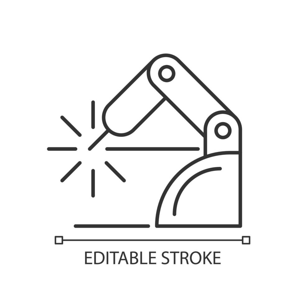 Welding robotics linear icon. Robotic application in manufacturing sector. Automating factory. Thin line customizable illustration. Contour symbol. Vector isolated outline drawing. Editable stroke