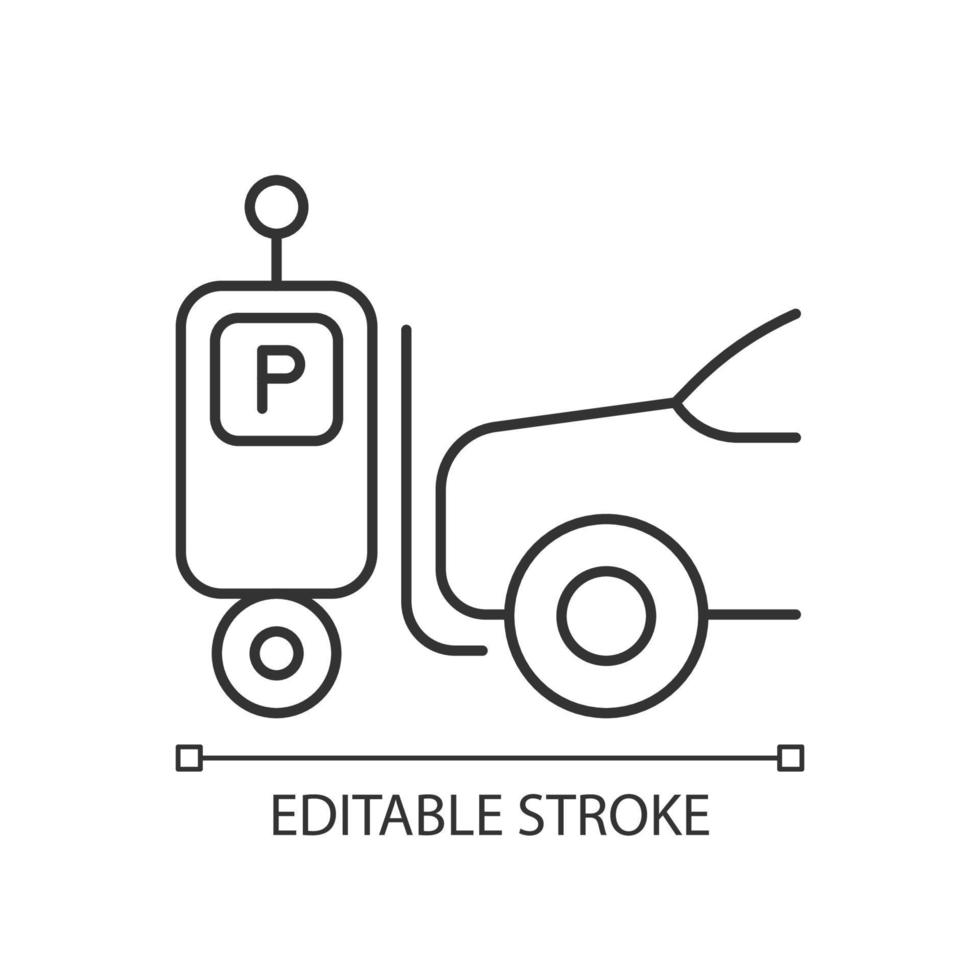 estacionamiento robot icono lineal. carretilla elevadora autónoma. Sistema de estacionamiento automatizado. ayuda de cámara robótica. Ilustración personalizable de línea fina. símbolo de contorno. dibujo de contorno aislado vectorial. trazo editable vector