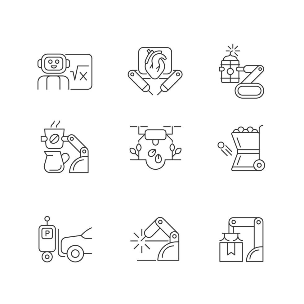 Leading technologies linear icons set. Autonomous robots in gardening and cooking. Industrial automation. Customizable thin line contour symbols. Isolated vector outline illustrations. Editable stroke