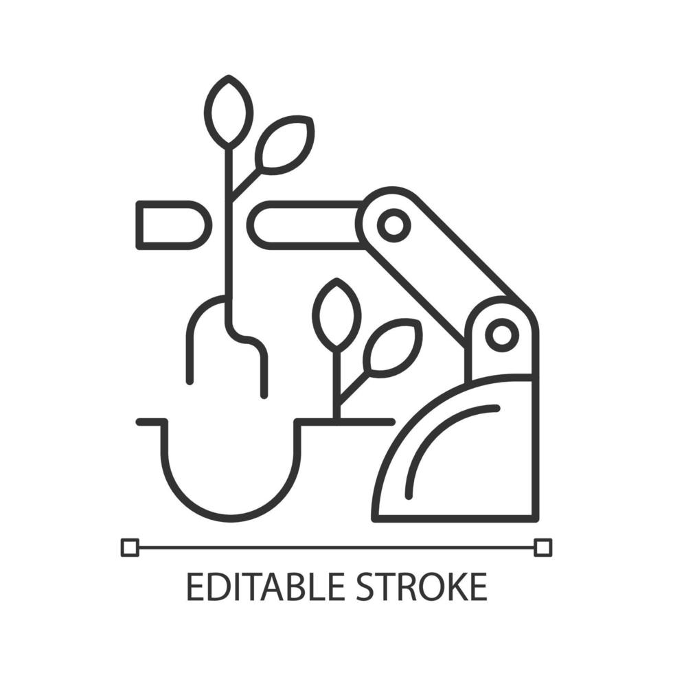 Robots for planting linear icon. Improve agricultural production. Automatic harvesting, seeding. Thin line customizable illustration. Contour symbol. Vector isolated outline drawing. Editable stroke