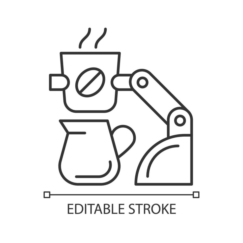 Coffee making robot linear icon. Robotic barista. Automated drinks brewing. Self-contained kiosk. Thin line customizable illustration. Contour symbol. Vector isolated outline drawing. Editable stroke