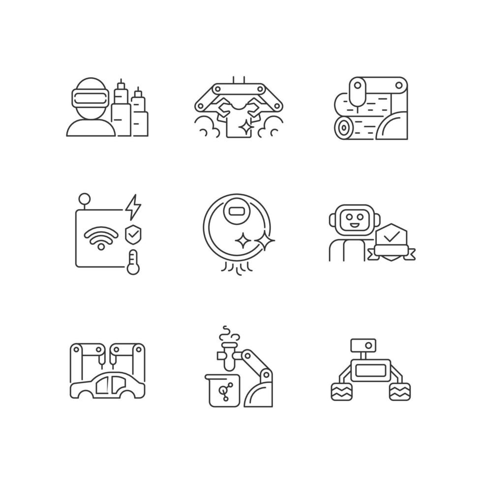 Automation technologies linear icons set. Manufacturing robots. Automated laundry and cleaning. Customizable thin line contour symbols. Isolated vector outline illustrations. Editable stroke