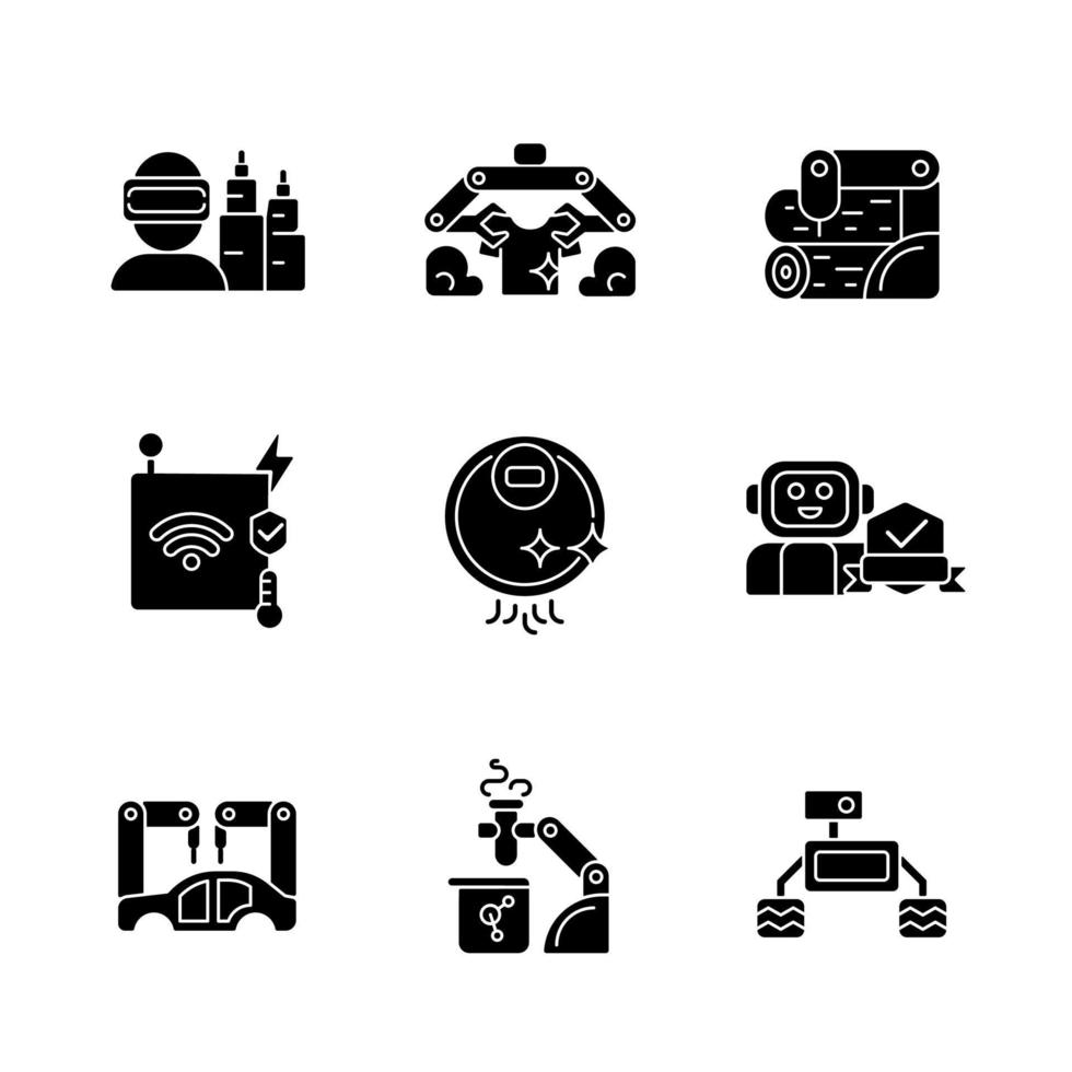 Automation technologies black glyph icons set on white space. Manufacturing robots. Internet of things devices. Automated laundry and cleaning. Silhouette symbols. Vector isolated illustration