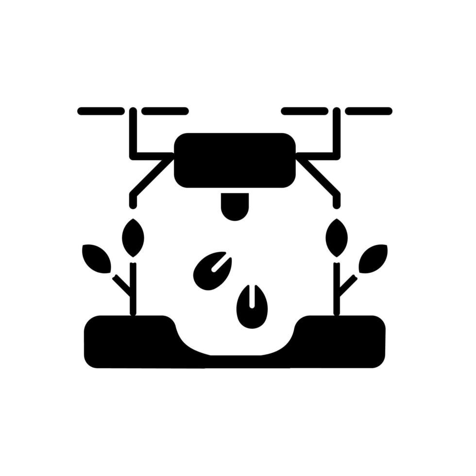 Drones for planting black glyph icon. Revolutionized agriculture. Innovative planting method. Monitoring crop health. Spraying drone. Silhouette symbol on white space. Vector isolated illustration