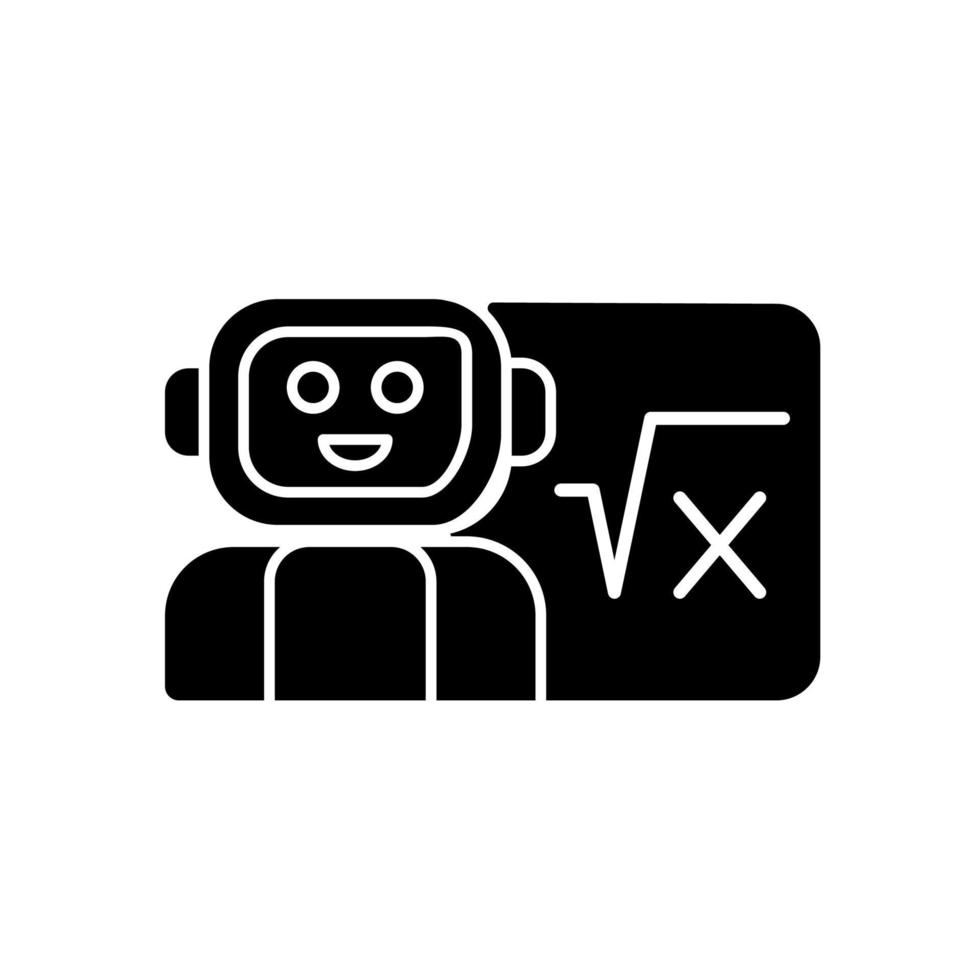 Robotics in education black glyph icon. Robot teacher. Implementing artificial intelligence in classroom. Technological advancement. Silhouette symbol on white space. Vector isolated illustration