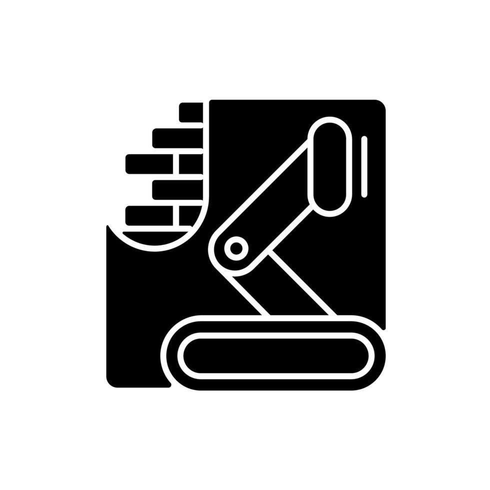 Robotics in concrete works black glyph icon. Autonomous equipment in construction. Speeding up building process. Robotic-augmented work. Silhouette symbol on white space. Vector isolated illustration