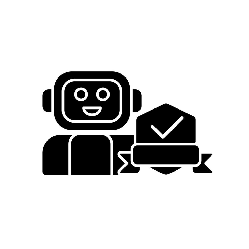 Security robot black glyph icon. Detecting potential intruder. Automated machine for street patrolling. Robotic surveillance system. Silhouette symbol on white space. Vector isolated illustration