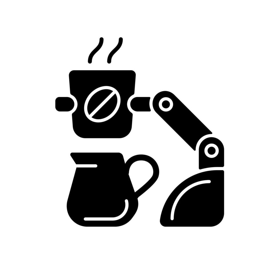 Coffee making robot black glyph icon. Robotic barista. Automated beverages brewing. Self-contained kiosk. Serving during pandemic. Silhouette symbol on white space. Vector isolated illustration