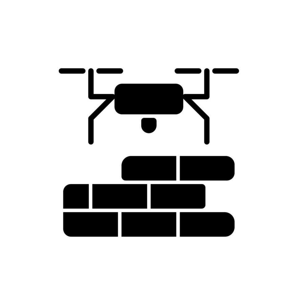Drones for construction black glyph icon. Innovative construction technologies. Improving safety conditions. Identify potential problems. Silhouette symbol on white space. Vector isolated illustration