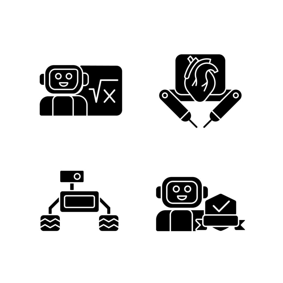 iconos de glifos negros de tecnología robótica en espacios en blanco. robot quirúrgico. vehículo robótico. seguridad del hogar. inteligencia artificial en el aula. símbolos de silueta. vector ilustración aislada