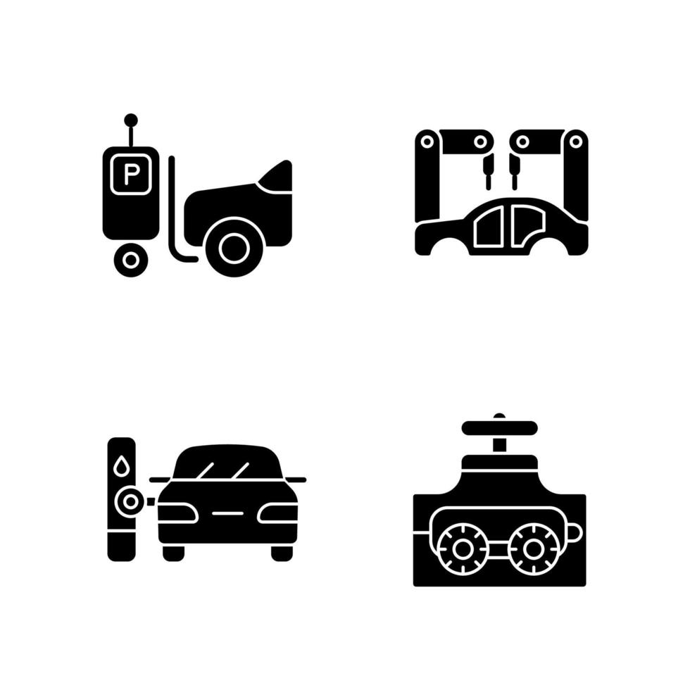 Automation in automobile industry black glyph icons set on white space. Self-driving forklift. Assembling car body. Fueling process. Pipe inspect. Silhouette symbols. Vector isolated illustration