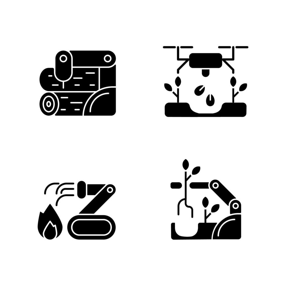 automatización para el bienestar iconos de glifos negros en espacios en blanco. procesamiento de madera. drones para plantar. robot bombero. recolección automatizada. símbolos de silueta. vector ilustración aislada