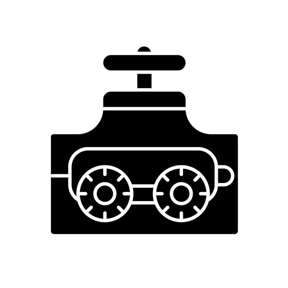 Pipe-inspecting robots black glyph icon. Robotic crawler. Automatic pipeline inspection. Underwater robot. Measuring machine. Silhouette symbol on white space. Vector isolated illustration