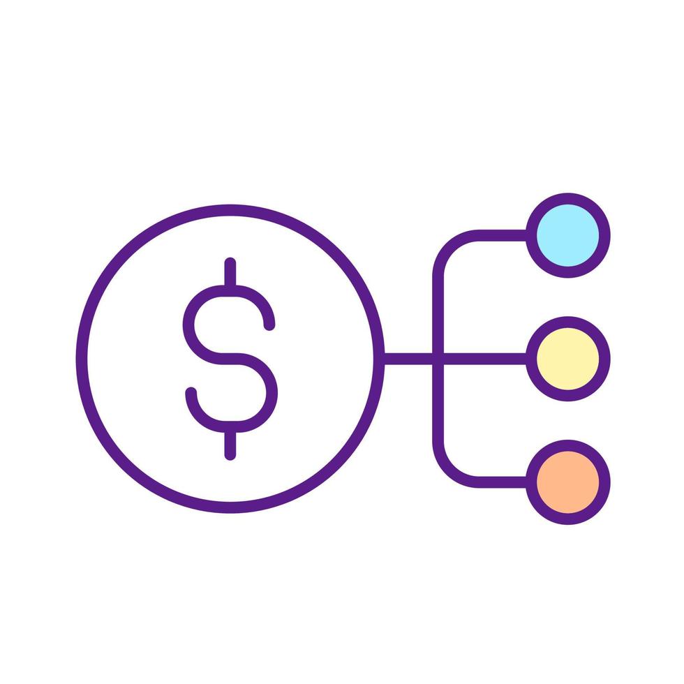 Budget allocation RGB color icon. Divide money into parts. Financial procedure. Finances flow delegation. Business and economy. Isolated vector illustration. Simple filled line drawing