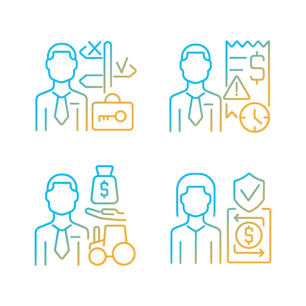 Financial occupation gradient linear vector icons set. Finance institutions worker. Trust assistance. Debt collector agency. Thin line contour symbols bundle. Isolated outline illustrations collection