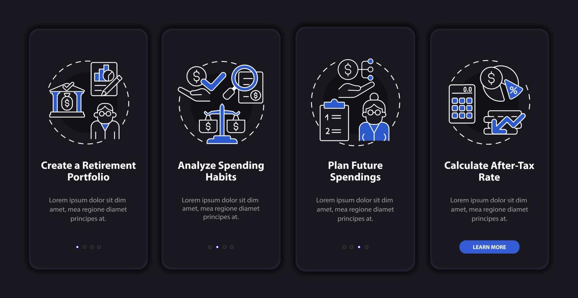 Saving money onboarding mobile app page screen. Income money management walkthrough 4 steps graphic instructions with concepts. UI, UX, GUI vector template with linear night mode illustrations