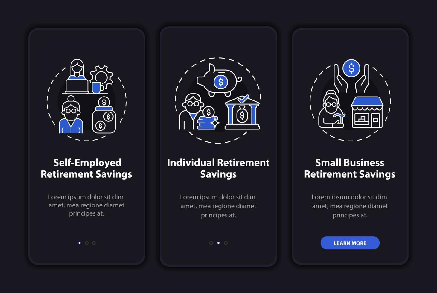 Types of savings onboarding mobile app page screen. Individual retirement walkthrough 3 steps graphic instructions with concepts. UI, UX, GUI vector template with linear night mode illustrations