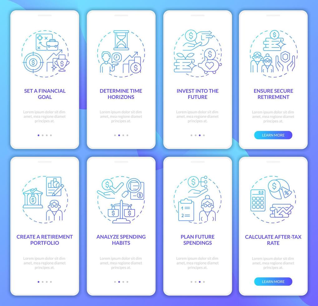 Pension fund creation onboarding mobile app page screen. Preparation for retirement walkthrough 4 steps graphic instructions with concepts. UI, UX, GUI vector template with linear color illustrations