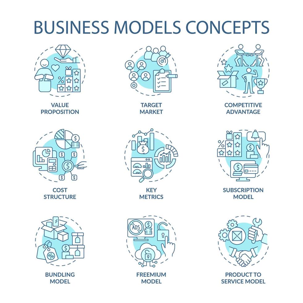 Business models blue concept icons set. Value proposition. Target market. Competitive advantage. Enterprise idea thin line color illustrations. Vector isolated outline drawings. Editable stroke