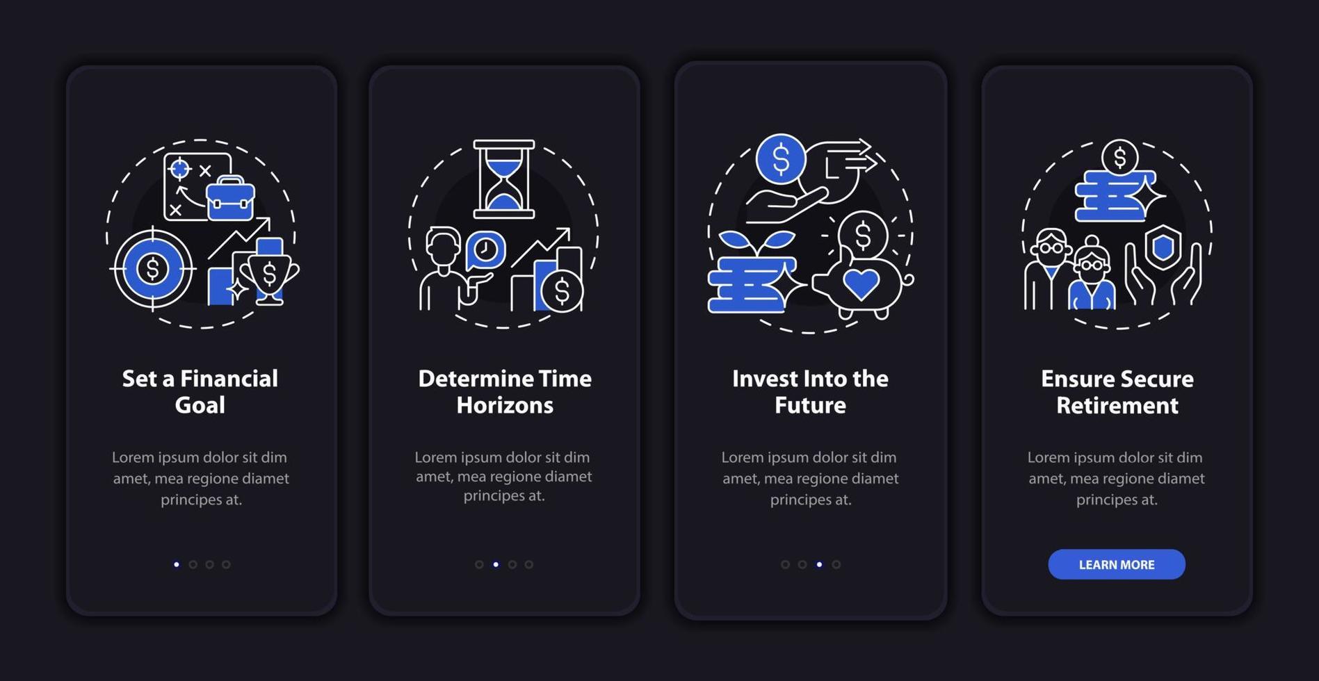 Retirement steps onboarding mobile app page screen. Financial planning walkthrough 4 steps graphic instructions with concepts. UI, UX, GUI vector template with linear night mode illustrations