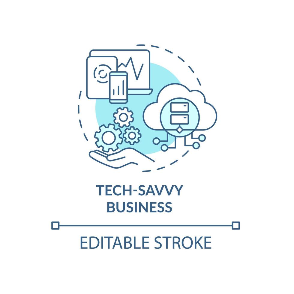 Tech savvy business blue concept icon. Digitally advanced organization. Compant structure. Business model abstract idea thin line illustration. Vector isolated outline color drawing. Editable stroke