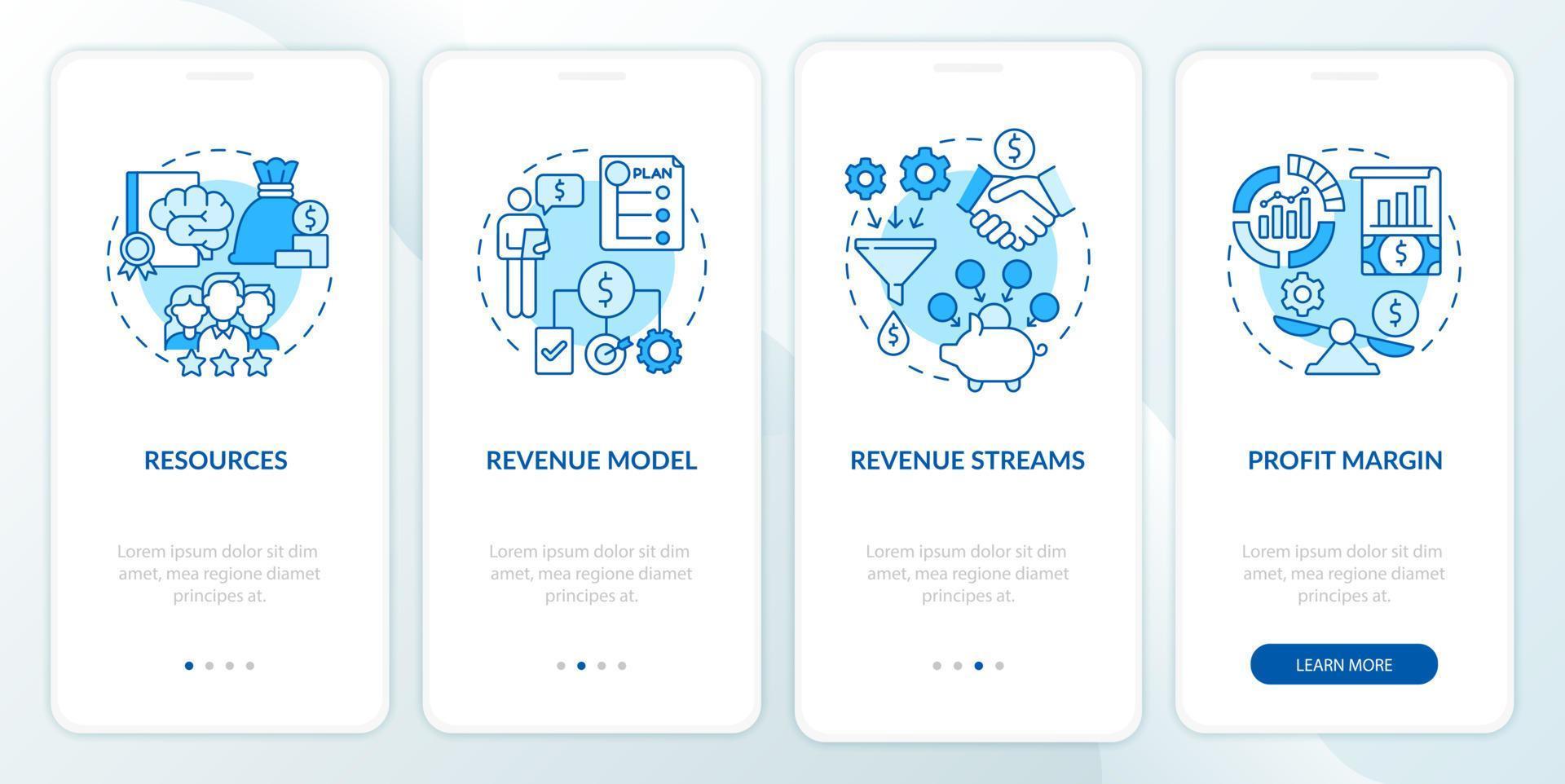 Business model essentials blue onboarding mobile app page screen. Company finance walkthrough 4 steps graphic instructions with concepts. UI, UX, GUI vector template with linear color illustrations