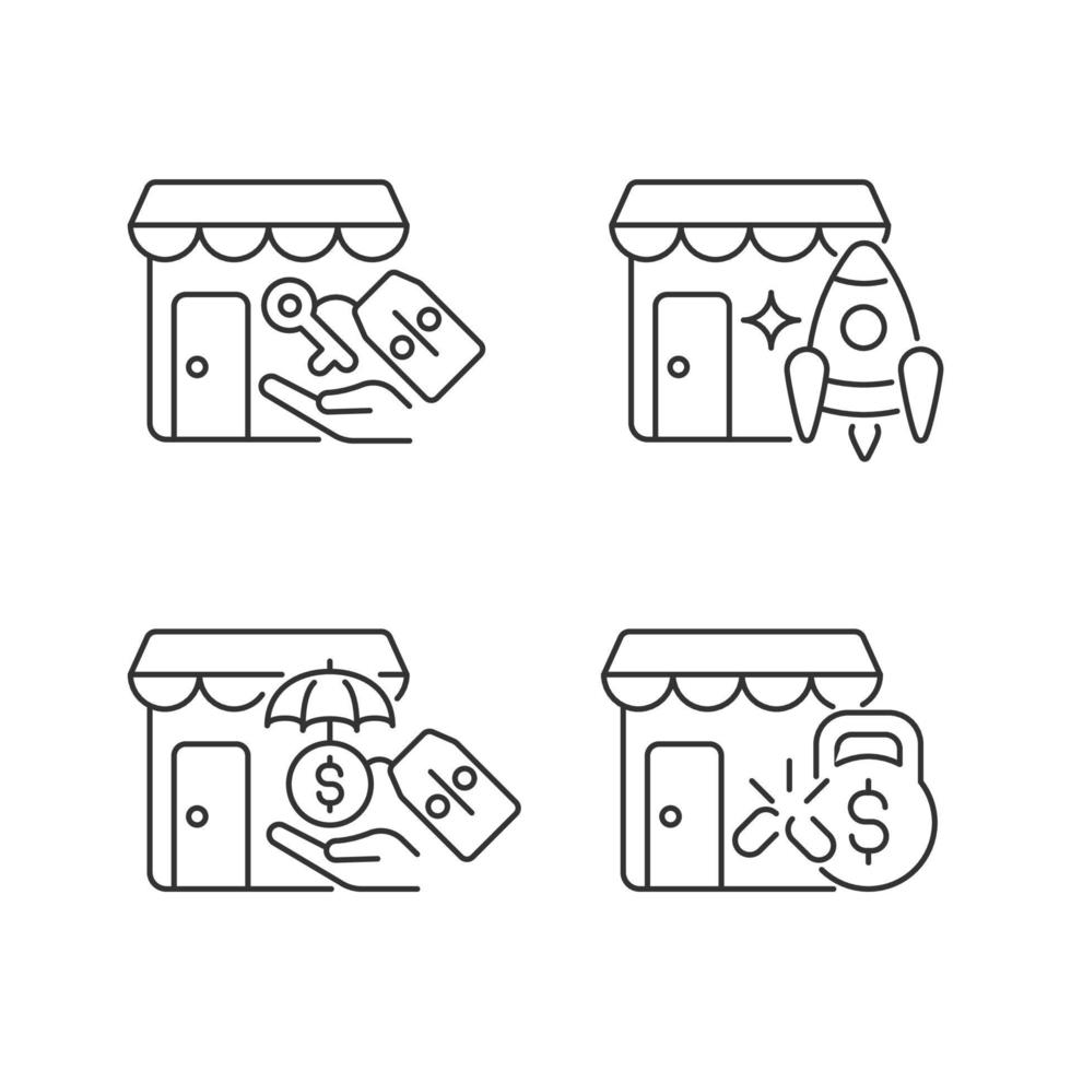 Startup fast growth linear icons set. Small business launch. Payments reduction. Financial support. Customizable thin line contour symbols. Isolated vector outline illustrations. Editable stroke