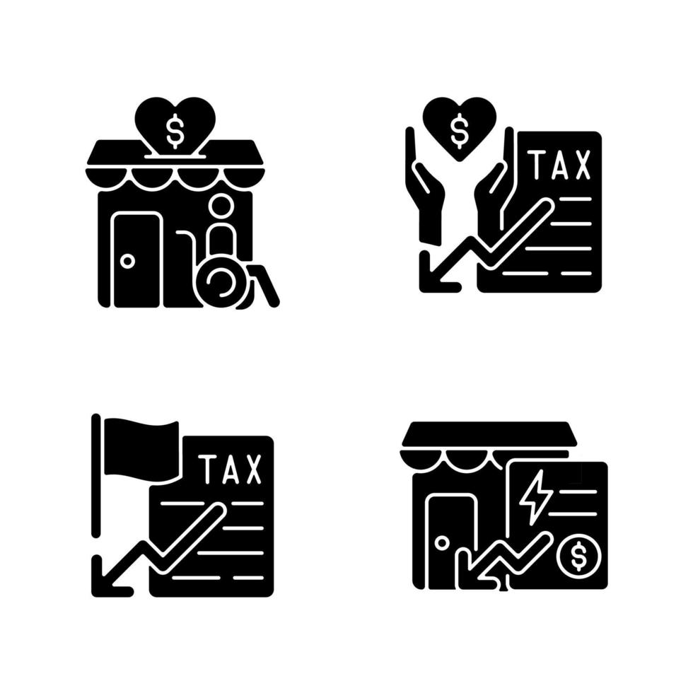 Charity and financial support black glyph icons set on white space. Grants for disabled persons. Taxation deduction for small business. Silhouette symbols. Vector isolated illustration