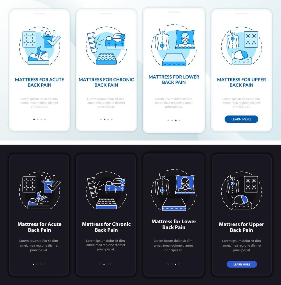 Mattresses for back pain dark, light onboarding mobile app page screen. Walkthrough 4 steps graphic instructions with concepts. UI, UX, GUI vector template with linear night and day mode illustrations