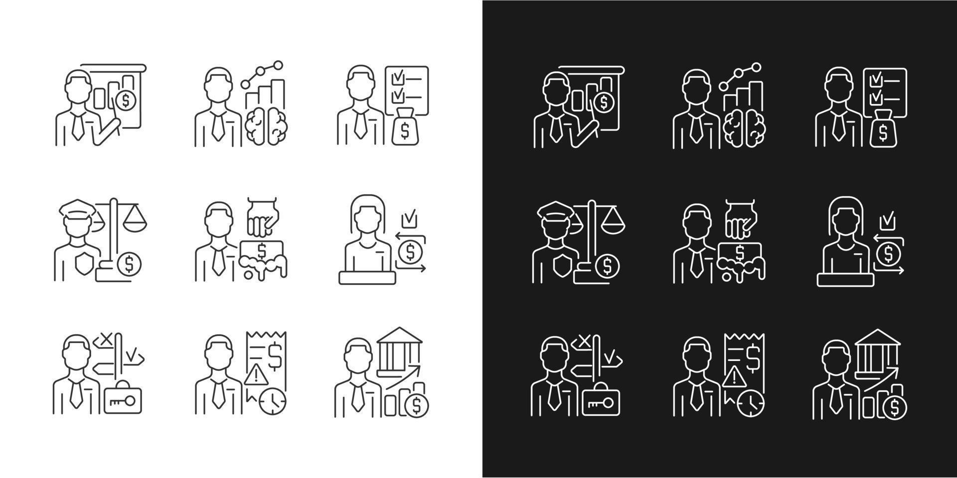 Career in finance field linear icons set for dark and light mode. Business administration. Financial occupation. Customizable thin line symbols. Isolated vector outline illustrations. Editable stroke