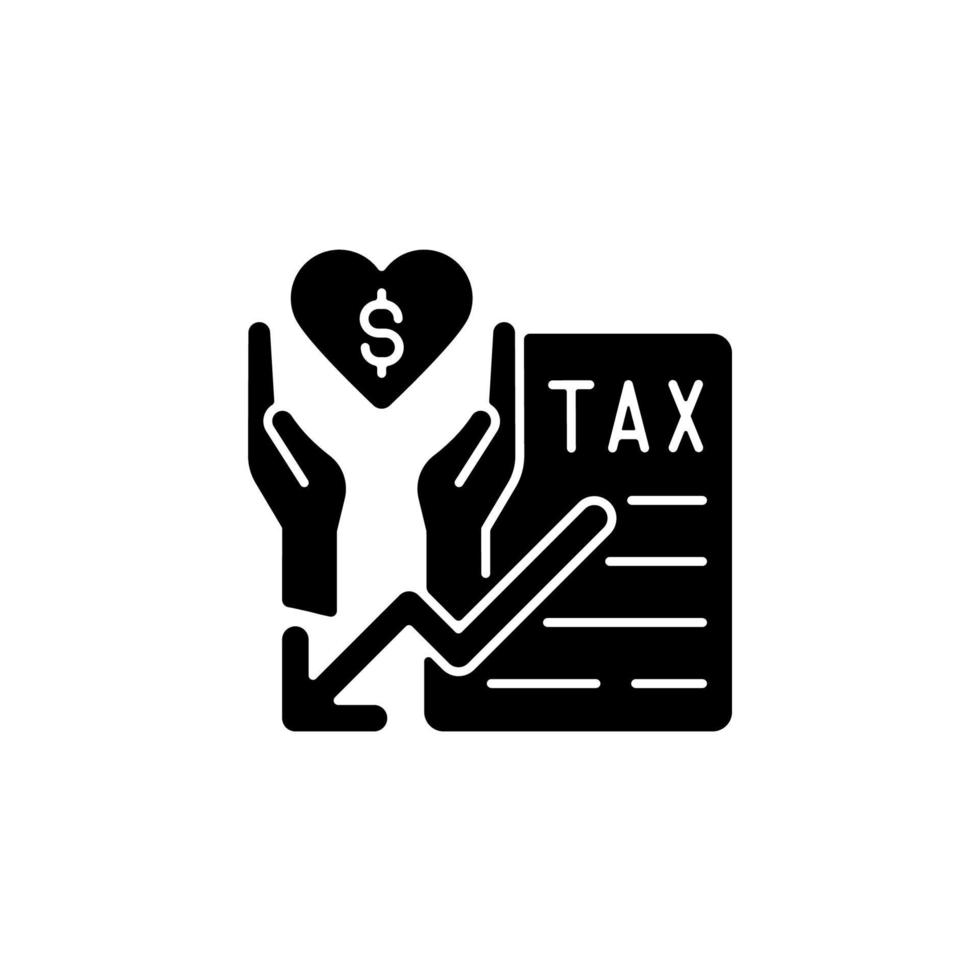 Tax reduction for charity black glyph icon. Taxation deduction when funding for charity. Small business incentive. Company as help donor. Silhouette symbol on white space. Vector isolated illustration