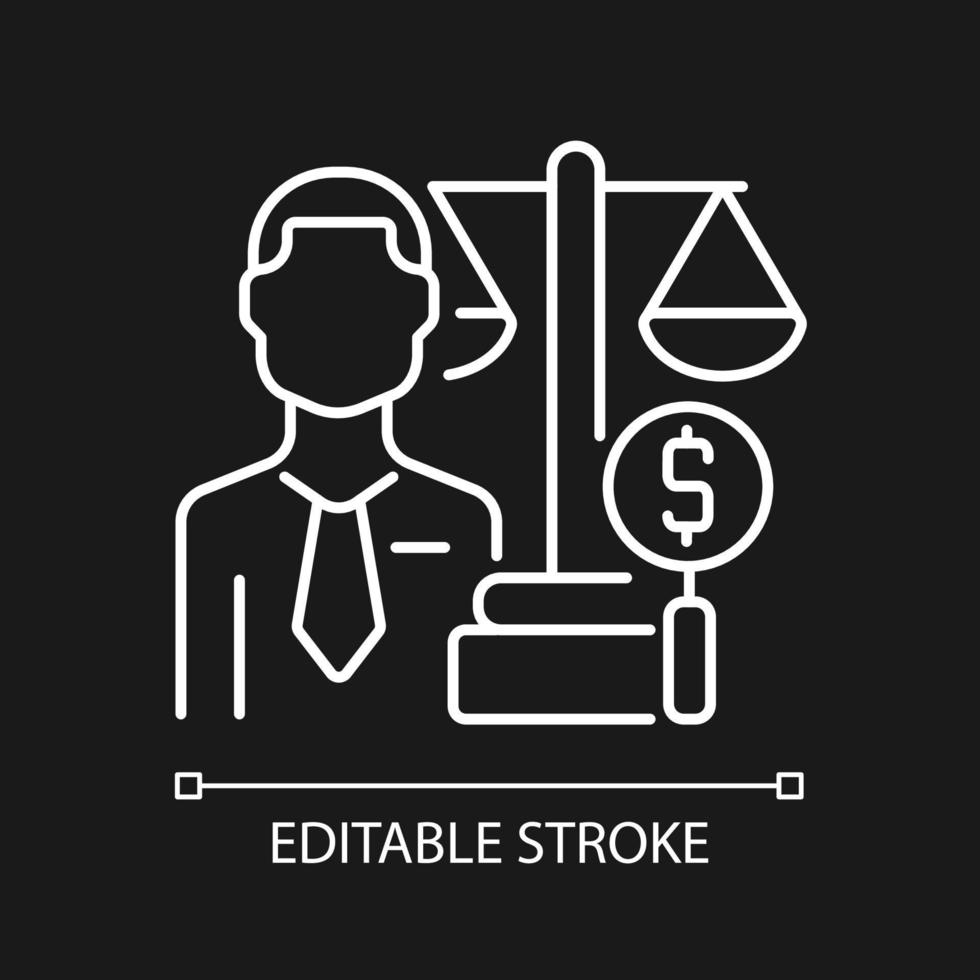 Financial examiner white linear icon for dark theme. Examination expert. Law compliance expert. Thin line customizable illustration. Isolated vector contour symbol for night mode. Editable stroke