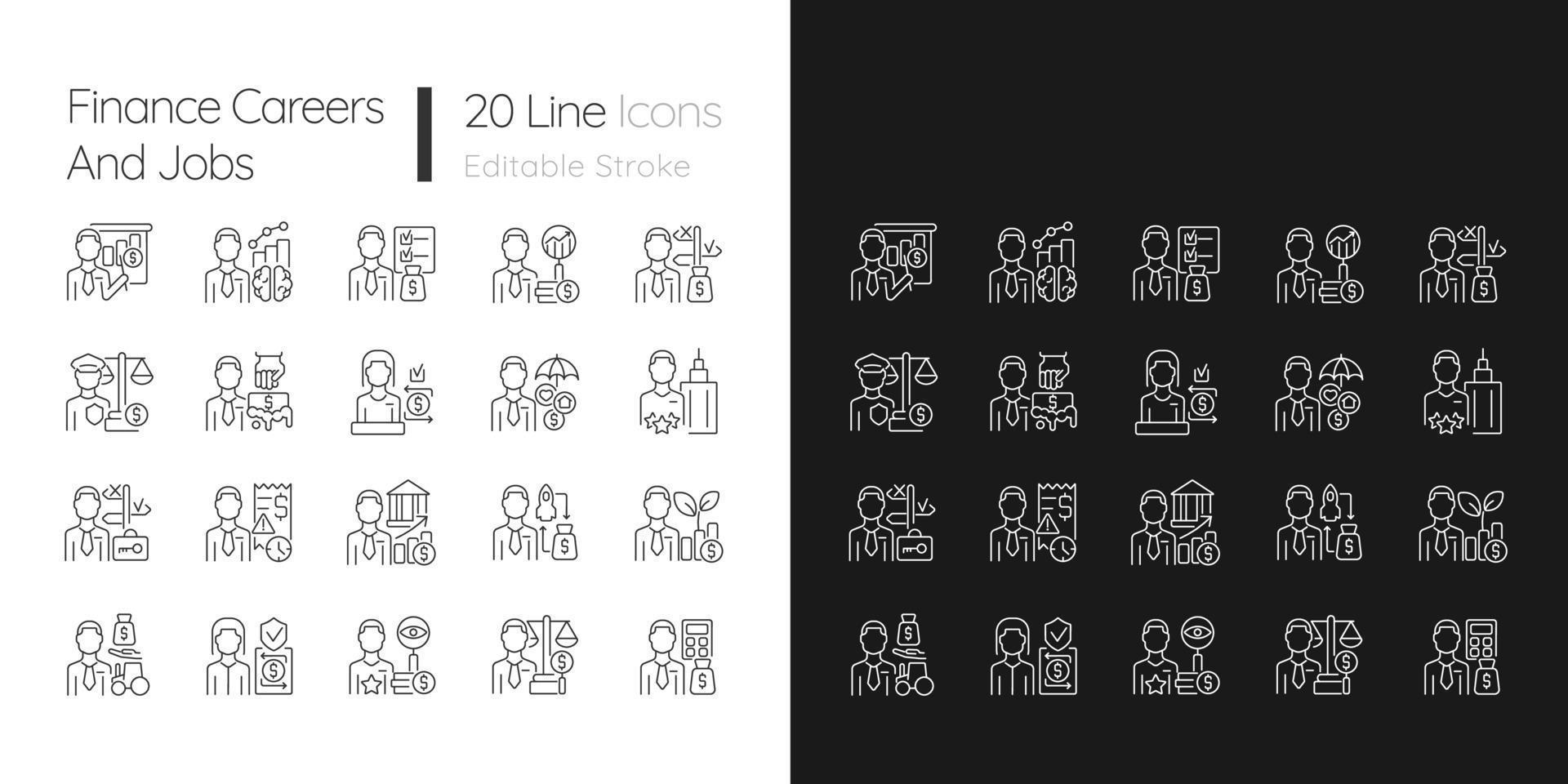 finanzas carreras y trabajos iconos lineales establecidos para el modo oscuro y claro. expertos en gestión. empleados del campo empresarial. símbolos de línea fina personalizables. ilustraciones de contorno de vector aislado. trazo editable