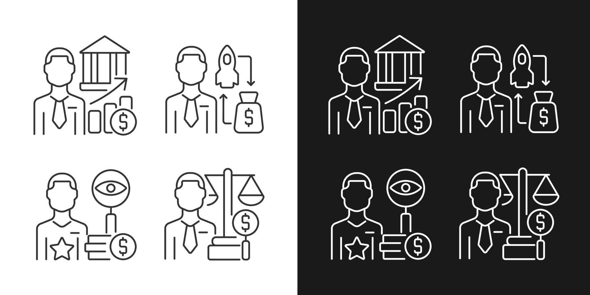 Finance investment jobs linear icons set for dark and light mode. Stock market analysts. Fund