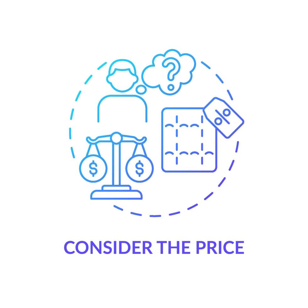 Consider the price purple gradient concept icon. Choosing mattress abstract idea thin line illustration. Investment in sleeping comfort. Spine health. Vector isolated outline color drawing