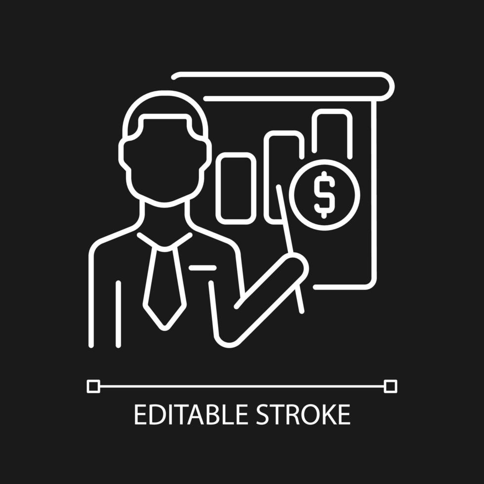 Business teacher white linear icon for dark theme. Administration educator. Business trainer. Thin line customizable illustration. Isolated vector contour symbol for night mode. Editable stroke