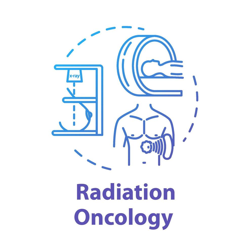 Radiation oncology concept icon. Diagnosis and treatment of cancer. Tumor therapy. Radiotherapy idea thin line illustration. Vector isolated outline RGB color drawing