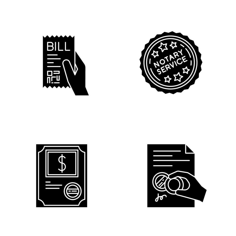 Notary services black glyph icons set on white space. Apostille and legalization. Stock certificate. Bill, receipt. Purchase confirmation. Stamp. Silhouette symbols. Vector isolated illustration