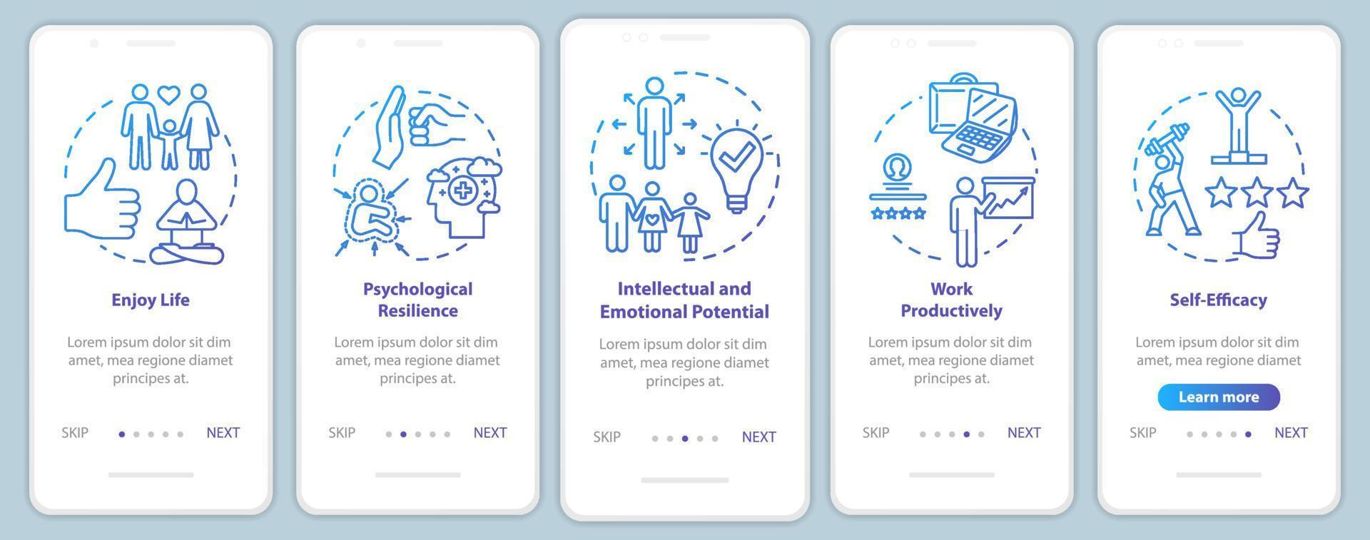 Mental health onboarding mobile app page screen with concepts. Psychological wellness walkthrough five steps graphic instructions. Enjoy life. UI vector template with RGB color illustrations
