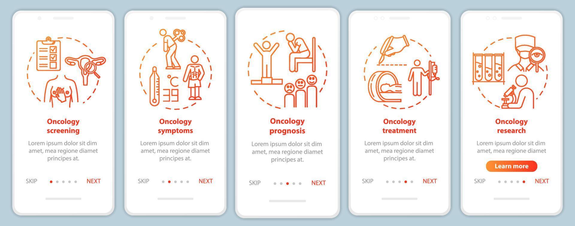 Oncology onboarding mobile app page screen with concepts. Cancer symptoms. Sickness prognosis. Illness treatment walkthrough five steps graphic instructions. UI vector template, RGB color illustration