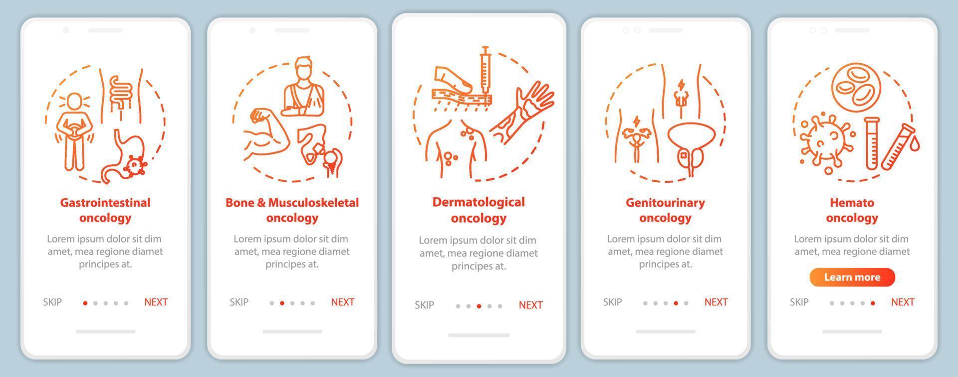 Oncology onboarding mobile app page screen with concepts. Dermatological oncology. Cancer treatment walkthrough five steps graphic instructions. UI vector template with RGB color illustrations