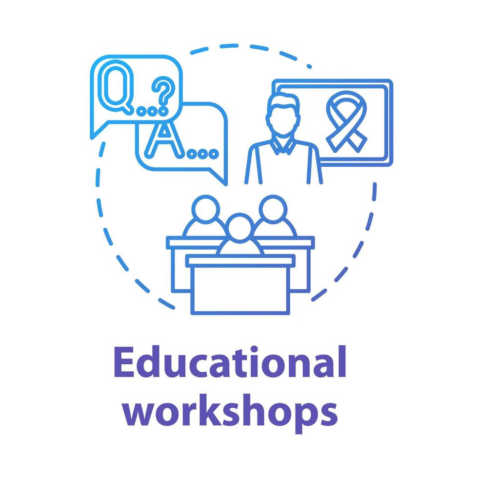 Educational workshops concept icon. Informing society about cancer, HIV. Patient support. Instructional courses idea thin line illustration. Vector isolated outline RGB color drawing