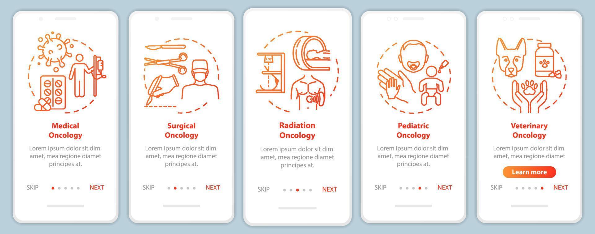 Oncology onboarding pantalla de la página de la aplicación móvil con conceptos. cirugía. Tutorial de tratamiento de cáncer con instrucciones gráficas de cinco pasos. Oncologia medica. plantilla de vector de interfaz de usuario con ilustraciones en color rgb