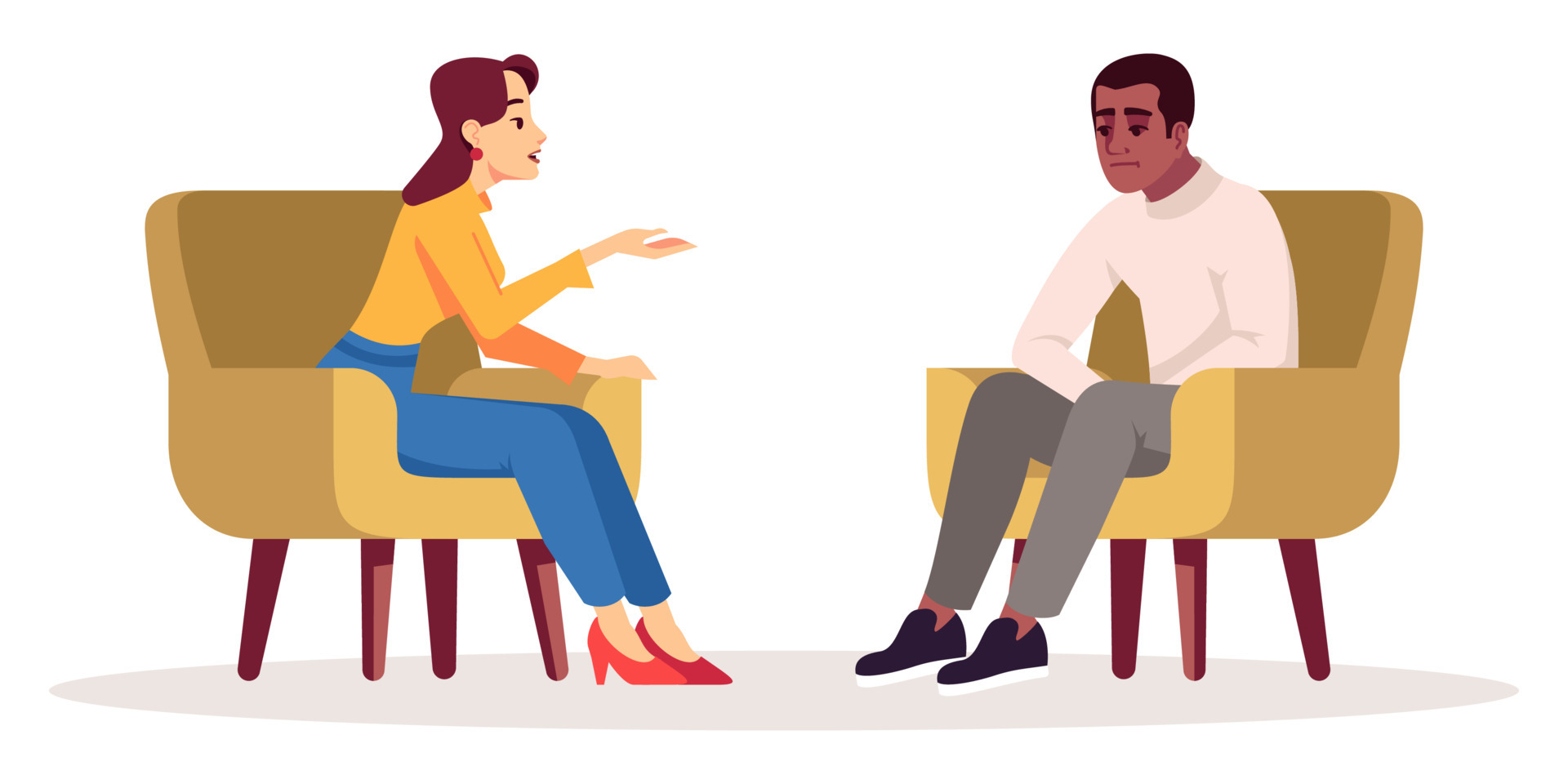 Therapy session semi flat RGB color vector illustration. Interview.  Meeting. Talking couple. People having conversation in cozy armchairs.  Psychology consultation. Isolated cartoon character on white 4621383 Vector  Art at Vecteezy