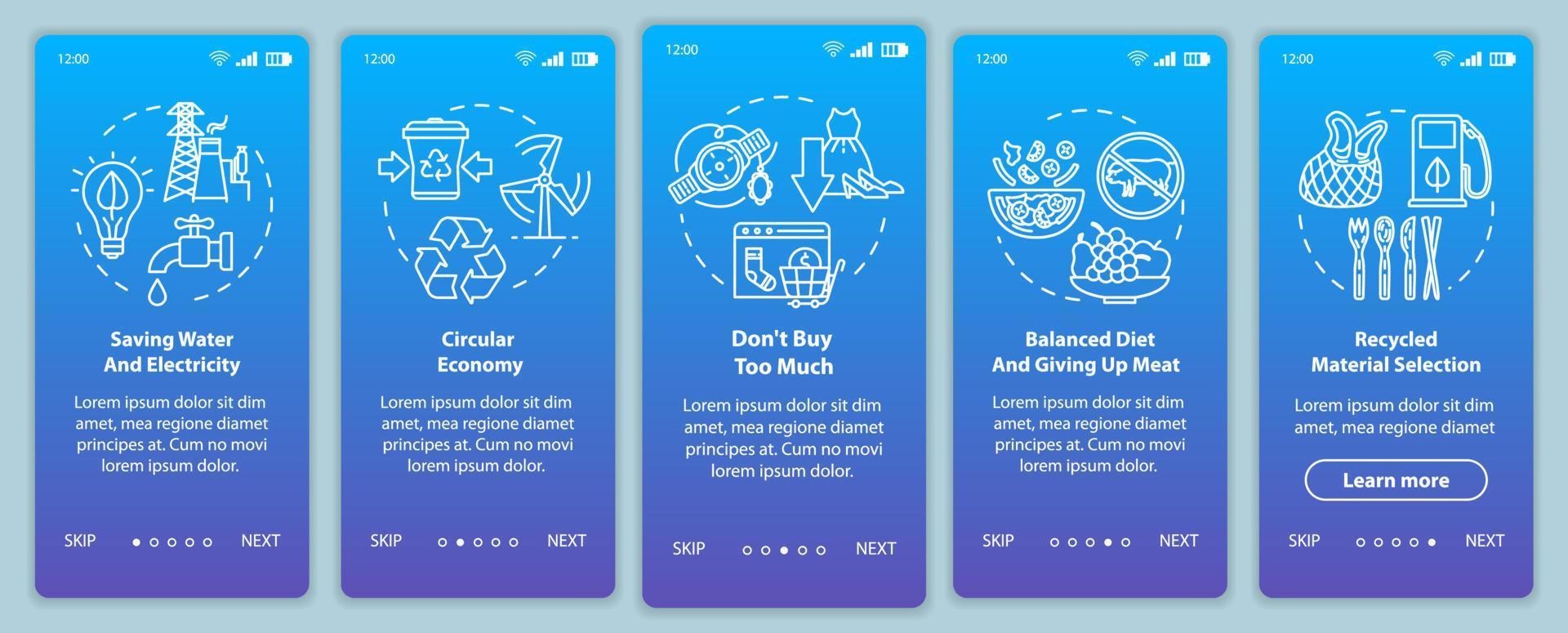 Responsible consumption onboarding mobile app page screen with concepts. Recycle, ecology. Consumerism walkthrough 5 steps graphic instructions. UI vector template with RGB color illustrations