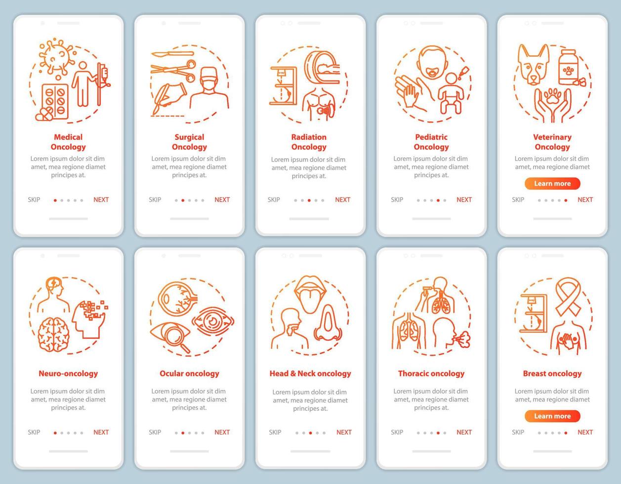 Oncology onboarding pantalla de la página de la aplicación móvil con conceptos. cáncer ocular. instrucciones gráficas de pasos de tutorial de tratamiento de enfermedades. neurooncología. plantilla de vector de interfaz de usuario con ilustraciones en color rgb